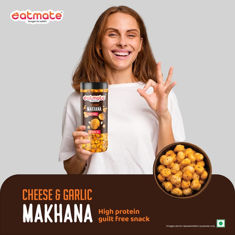 Eatmate Cheese & Garlic Phool Makhana | Roasted Fox Nuts Snack | Crispy Lotus Seeds | High Protein & Fiber Healthy Makhana | Ready to Eat Snack for Anytime Snacking (70g each, Pack of 3) 1