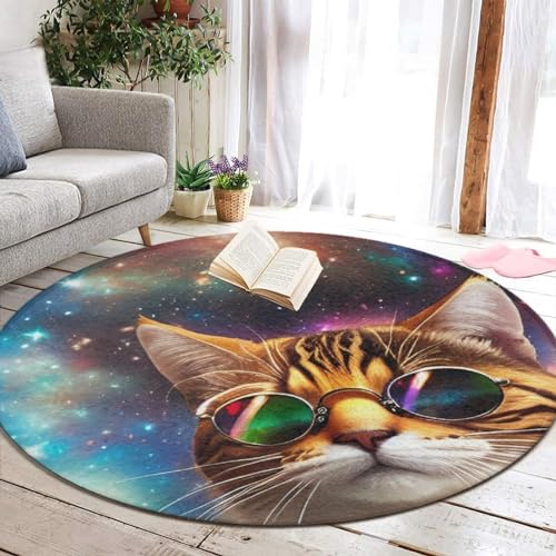 WUXEKZO Paisley Memory Foam Cool Cat Galaxy with Sunglasses Art Circular Mat for Home, Office - Absorbent Standing Mat Abstract Decor