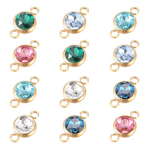 UNICRAFTALE-12pcs-6-Colors-Glass-Gemstone-Charms-Flat-Round-Glass-Links-Pendants-with-Golden-Double-304-Stainless-Steel-Bail-Connectors-for-Women-Bracelet-Jewelry-Making-Hole-25mm