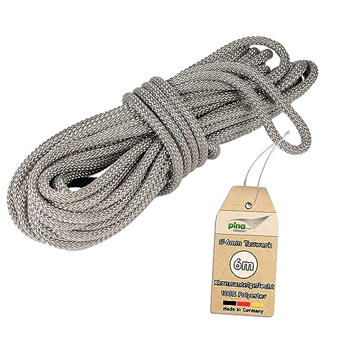 Pina DESIGN seit 1979-6m Tauwerk, Ø 6mm Seil für Sonnensegel aus Polyester Silber-grau | für Flaschenzug, Umlenkrolle, Seilzug & Boote, 800kg Reißlast & Bruchlast 1050 daN (Tauwerk)