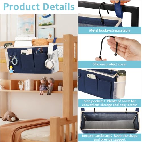 Image of Loghot Bedside Caddy /Bedside Storage Bag Hanging Organizer for Bunk and Hospital Beds,Dorm Rooms Bed Rails,Can be Placed Glasses,Books,Mobile Phones,Keys (2pc Navy Blue)