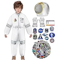 JMOCD Astronaut Costume Kids Spaceman Costume Unisex Spaceman Role Play Costume Set with Jumpsuit Gloves Helmet Name card Astronaut Stickers Patches for Carnival World Book Day Costume Dress Up Party