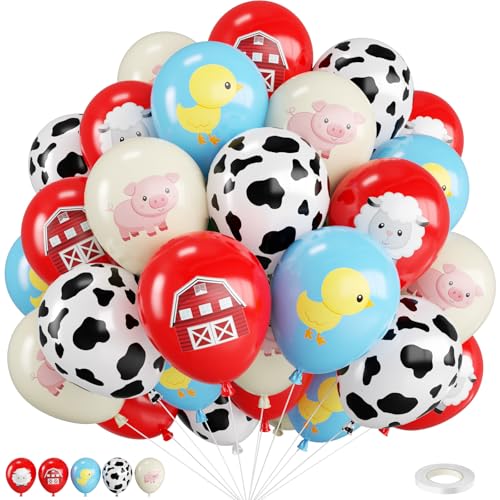 Red and Blue Farm Balloons 12 Inch Farm Animal Balloons with Red Dusty Blue Sand White Prints of Pig Sheep and Cow for Farm Birthday Party Decorations Farm Party Supplies