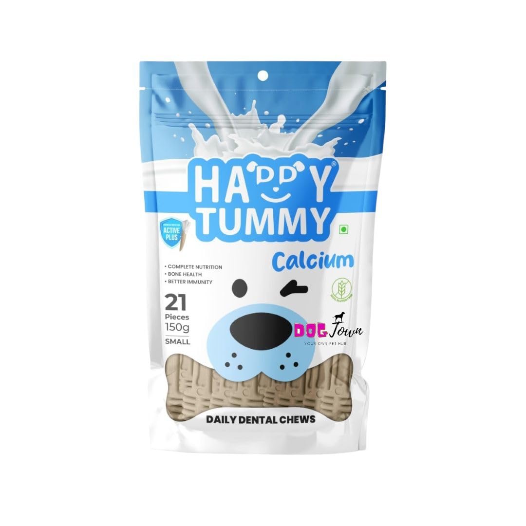 DOGTOWN Happy Tummy Dental Chews for Dogs - 150g (21 Pieces) | Calcium Flavoured Chewy Treats for Pets | for Healthy Vision, Skin and Coat of Your Furry Friend - Pack of 1