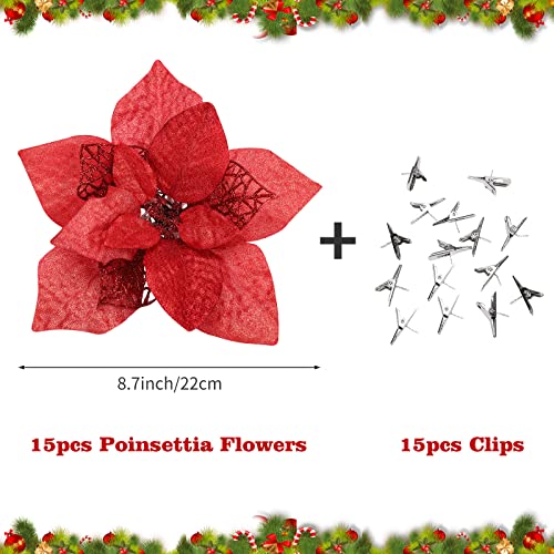 15 Pcs 8.7 inch Artificial Poinsettia Flowers Christmas Glitter Poinsettia with Clips Christmas Poinsettia Decorations Ornament Christmas Flowers (Christmas Red)