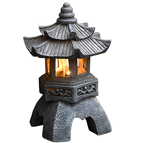 DNCG Estatua de jardín de decoración asiática de Pagoda con luz Solar de jardín, Farol de Pagoda de Piedra de imitación, Figura Zen for Exteriores, Resina