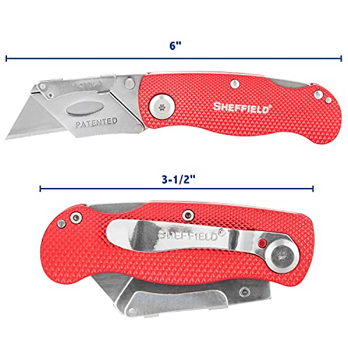 Image of Sheffield Folding Utility Knife, Accepts Standard Utility Knife Blades, Box Cutter Aluminum Handle, Razor Blades Included, For Home, Office, Trades, and Warehouse