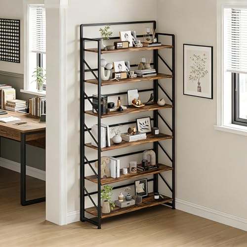 Image of JSB Folding Bookshelf,Industrial Storage Shelves, No Assembly Vintage Wood Look Bookshelf with Storage Shelves for Living Room, Bedroom, Office (Fire Brown, Wide 6-Tier)