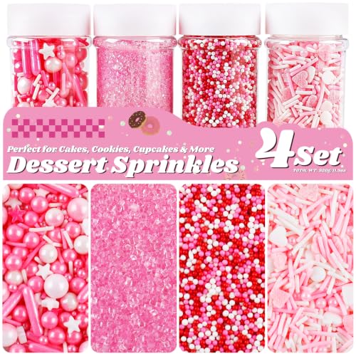 Image of Pink Sprinkles, 11.3oz Edible Pearls Nonpareils Jimmies Sugar Sprinkles | Large Capacity 4 Jars Set for Cakes Cupcakes Cookies Baking