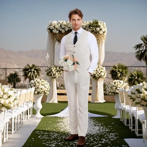 Netsky Mens Linen Suit 2 Piece Slim Fit Summer Beach Wedding Prom Suits Lightweight Vest and Pants Set3
