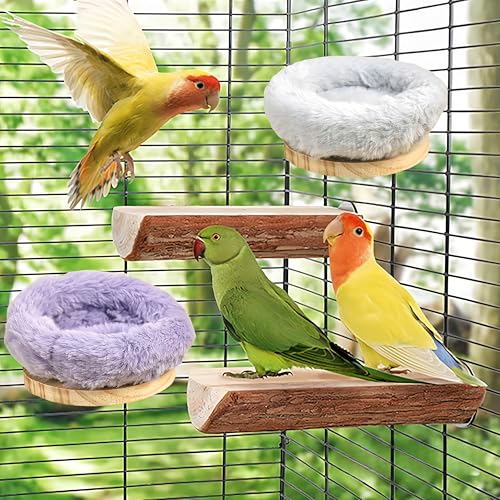 Image of 2Pcs Bird Perch Stand Platform Plush Parrot Hanging Hammock Warm Bird Nest Snuggle Hut Birds Sleeping Bed Wood Perch for Parrot, Budgies, Parakeet, Cockatiels, Conure, Lovebirds-Purple&Grey