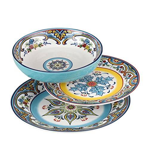 Euro Ceramica Zanzibar Collection Pasta Bowl Sets, Set Of 4, Spanish Floral Design, Multicolor Blue #TOP4