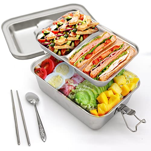 Double Layer Stainless Steel Bento Lunch Box - 1800Ml Leak Proof Container With Safety Latch, Chopsticks And Spoon Included. Perfect For Adults And Easy To Clean! Dishwasher Safe Metal Bento Box. #TOP14