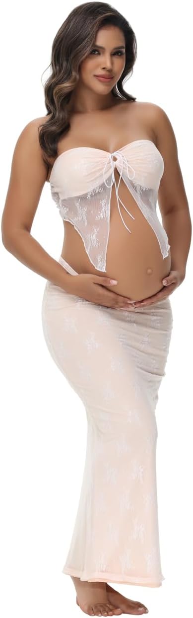 JustVH Women's Maternity 2 Piece Outfits Dress Lace Tube Top Hollow Out Skirt for Photoshoot Baby Shower