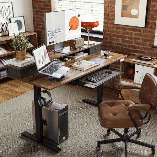 Image of Agilestic Electric Standing Desk with 2 Drawers and Keyboard Tray, 48 x 23 Inches Ergonomic Adjustable Height Desk with Storage, Sit Stand Computer Workstation, Rustic Brown