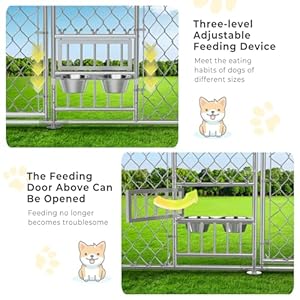 Upgraded 7.5×7.5×5.6FT Outdoor Dog Kennel with Roof and Bowls, Large Dog House Pen Enclosure with Sidebar, Heavy Duty Chain Link Dog Kennel with Openable Feeding Doors