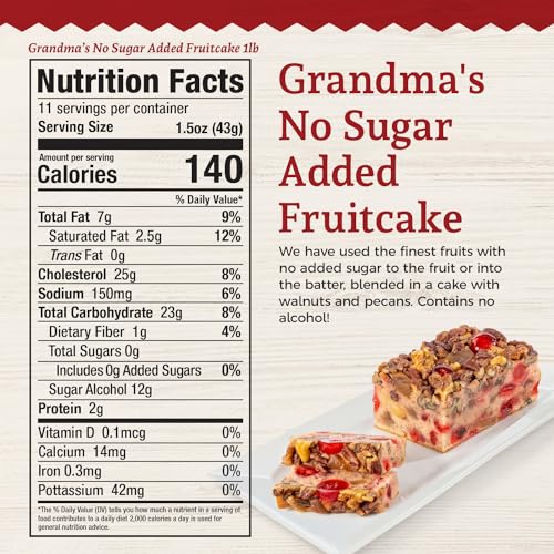 Beatrice Bakery Co. No Sugar Added Fruitcake, Grandma's Baked Fresh Delicious Dessert Fruit Cake with No Added Sugar, Est. 1917 (16 oz Cellophane)