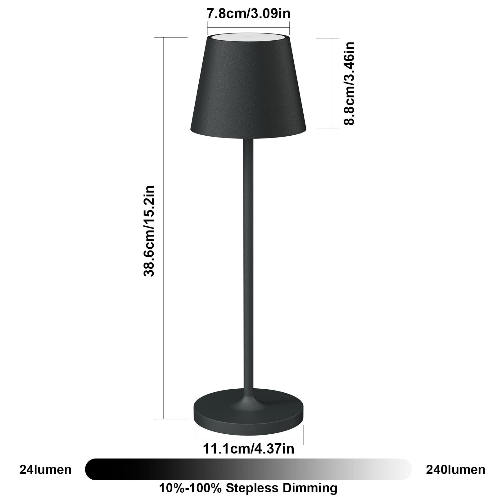 K-Bright 2 pezzi Lampada LED Dimmerabile da tavolo in alluminio, H38cm,Ricaricabile Colore luce calda Per interni/esterni Lampada da tavolo con base di ricarica a contatto (Antracite)