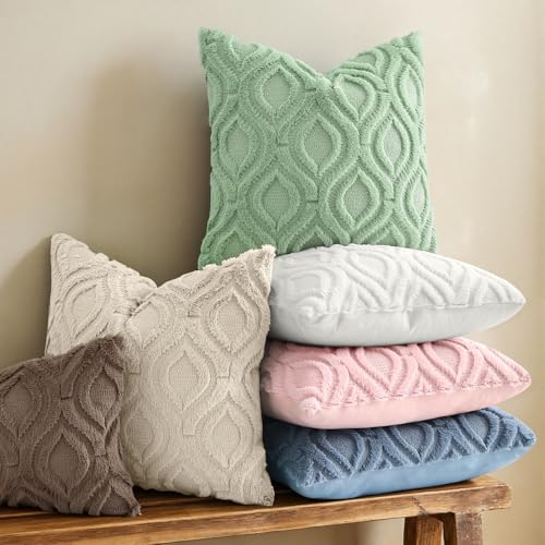 Image of decorUhome Fall Throw Pillow Covers 16x16 Inch Set of 2, Soft Plush Faux Wool Sage Green Solid Couch Pillow Covers, Accent Farmhouse Neutral Square Pillow Cases for Sofa Bed Living Room