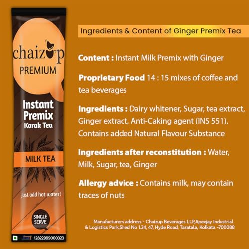 Image of Chaizup Instant Premix Ginger Tea | Karak Chai With Adrak & | Ginger Flavor | 10 Sachets | Adrak Chai | Masala Ginger Tea Powder | Premix Tea | Desi Chai, 140 Gm