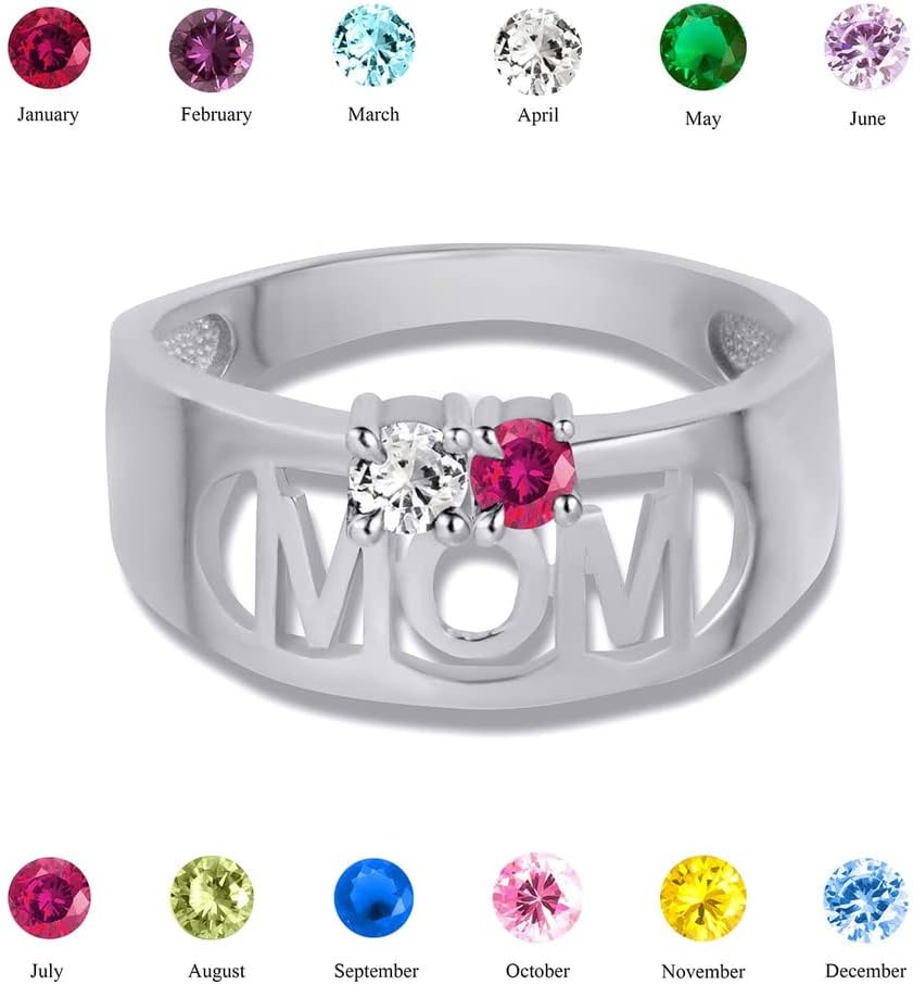 10K or 14K White Gold Personalized Mix-and-Match Mom's Ring with 2 CZ Birthstones - Choice of Ring Size & Birthstone Color
