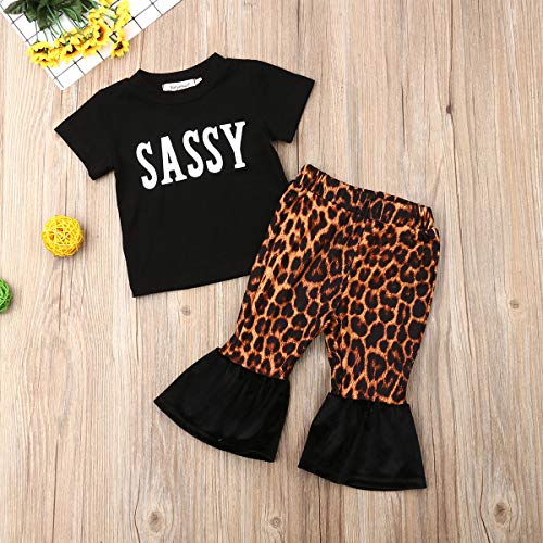 Newborn Infant Baby Girls Clothes Ruffle Long Sleeve Solid T-Shirt Tops+Cheetah Pants Summer Clothes Outfits (Black B, 6-12 Months)