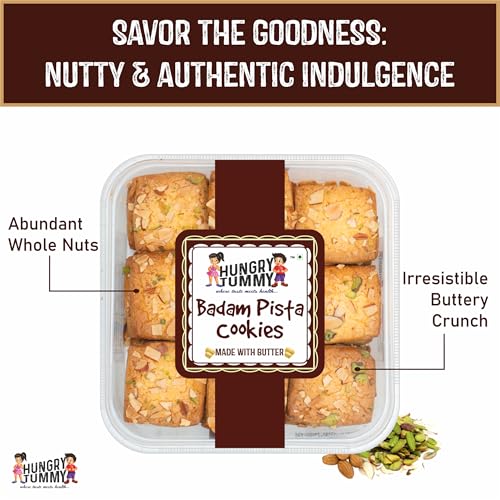 Image of HUNGRY TUMMY Badam Pista Cookies - Handmade Almond Pistachio Butter Cookies | Premium Dry Fruit Biscuits | Crispy, Rich & Nutty Delight | No Preservatives | Perfect Tea-Time Snack & Gifting (Pack of 250g)
