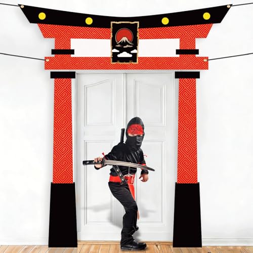 Image of Japanese Torii Gate Door Banner - 3PCS Ninja Warrior Backdrop Door Decoration for Karate Birthday Party Photo Booth Props