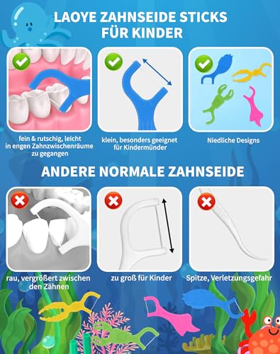 128 PCS Zahnseide Kinder Flossers Kid Zahnseide Sticks für engen Zahnzwischenräume Dental floss Kids Dental Sticks mit kindergerechtem Griff, 4 Ocean-Tierformen, bunte Farben – Bild 6