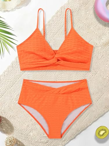 Image of Girls Swimsuit Solid Bathing Suit 2 Piece Twist Cross Adjustable Straps Soft Lining Bikini for Teen Girls with Chest Pad