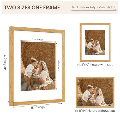 Image of FLYJOE 11x14 Oak Wood Picture Frame with Mat for 8x10, 11 by 14 USA-Sourced Natural Solid Wooden Photo Frame for Wall Display, Shatterproof Plexiglass, Hanging Hardware Included, 4 Pack, Natural