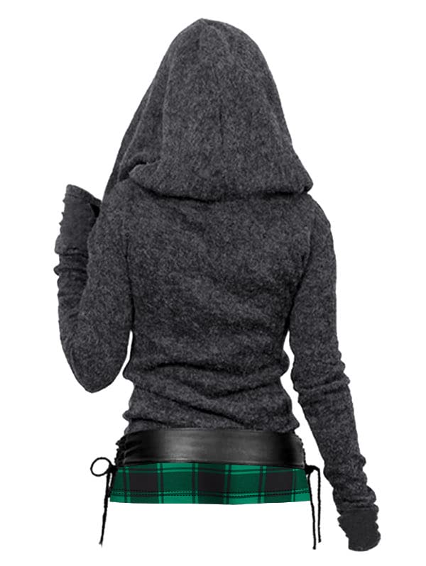 DRESSFO 2024 Women's Knit Hooded Color Block Plaid Shirt Sweatshirt Pullover Sweatshirt Top With Lace-up Belt4