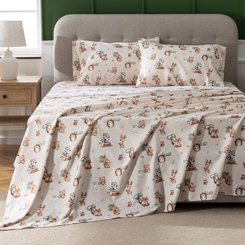 Sushing Cartoon Printed Brushed Microfiber Bedding Set Ultra Soft 85GSM Cozy Sheet and Pillowcase Set Lightweight Bedding with Animal Pattern for All Ages Machine Washable(Twin Woodland Forest)