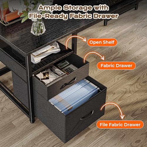 PRAISUN 63 Inch L Shaped Desk with Power Outlets and USB-C Port, Computer Corner Home Office Desk with File Fabric Drawers and Movable Monitor Stand, Larger Storage, Gaming, Writing, Work, Black - Image 6