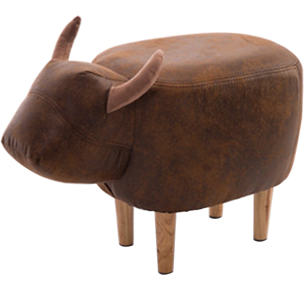 OLizee Decorative Buffalo Ottoman Footstool Cute Animal Upholstered Stool for Kids Wooden Footrest, Brown Long Legs