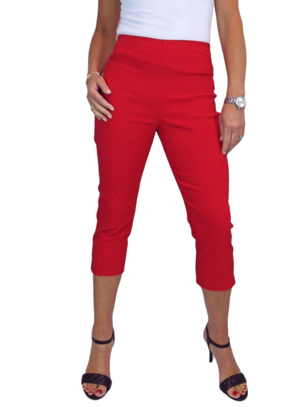 Paulo Due Women's Red Pull On Cropped Trousers Summer Stretch Bengaline Elasticated Waist Summer Capri 8-20 (16)