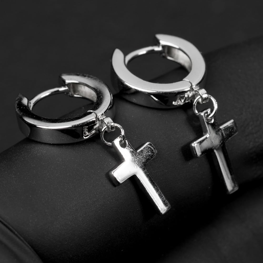 TSV Jewelers Sterling Silver Cross Huggie Hoop Earrings, 12mm Hypoallergenic Dangle Earrings for Men & Women