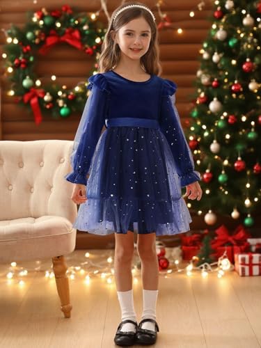 Hotfiary Toddler Girls Velvet Tulle Dress Little Girls Long Sleeve Ruffle Sequin Tutu Christmas Party Holiday Dress 2-7 Years3
