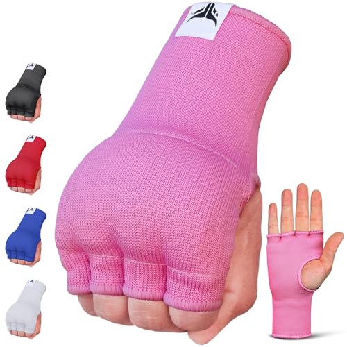Mytra Fusion Guantes interiores elásticos rápidos y fáciles acolchados de gel para hombres y mujeres, vendas de boxeo para artes marciales mixtas, muay thai, kickboxing, boxeo y artes marciales (rosa