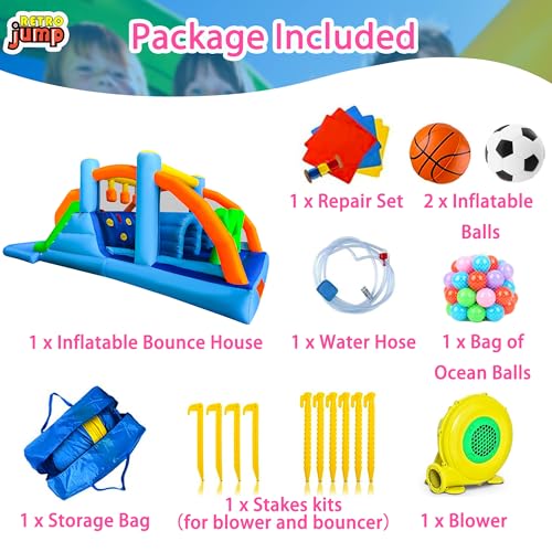 RETRO JUMP Bounce House,8 in 1 Inflatable Obstacle Course Bounce House,Inflatable Water Slide,Waterslide Park with Climbing Wall,Large Splash Pool,Obstacles,Sprinkles,Bouncy Castle Water Slide