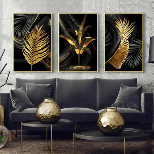 Tableau feuilles de plantain dorées 70x100 cm triptyque abstrait