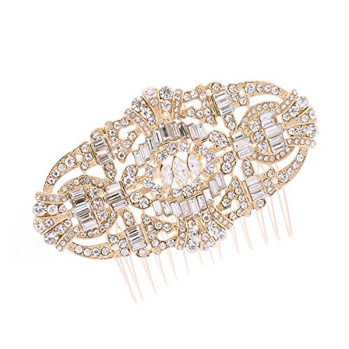 Art Deco Gold Crystal Rhinestone Bridal Wedding Hair Comb Hairpins Jewelry Accessories 5186 (Gold)
