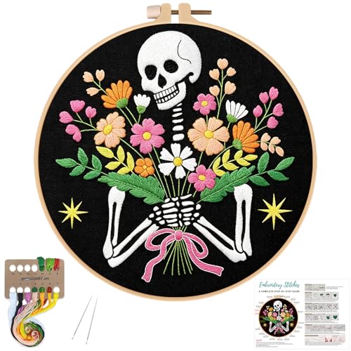Image of Louise Maelys Halloween Skeleton Flower Embroidery Kit for Beginners Adults | Needlepoint kit Includes 1 Printed Fabric, 7.9'' Hoop, Threads, 2 Needles and Instructions. Cross Stitch Kits for Home Decor