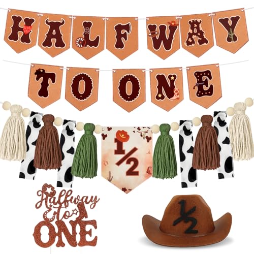 Image of 1 /2 Birthday Boy Half Birthday Decorations - Western Cowboy Half Way to One Banner, My First Rodeo Birthday Hat, Cake Topper, Tassel Chair Banner for Boys 6 Months Birthday Decorations Party Supplies