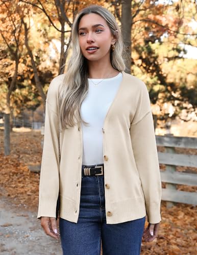 Image of Zeagoo Women's Oversized Button Cardigan Sweaters 2026 Fall Open Front Lightweight Cardigans V Neck Loose Knit Outwear Apricot
