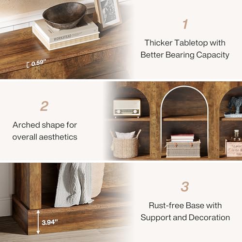 Image of Tribesigns Arched Console Table, 63 inch Wooden Entryway Table with Storage | Farmhouse Long 3-Tier Sofa Table Behind The Couch for Entrance, Hallway, Living Room, Foyer, Brown