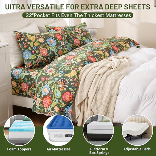 Image of Bedlifes Floral Pattern Bed Sheet Set Queen Size, 18-24 inch Extra Deep Pocket | Ultra Soft Microfiber, Breathable & Silky, OEKO-TEX Certified, Easy-Care Machine Washable, 4PCS, All-Season Spring Bedding