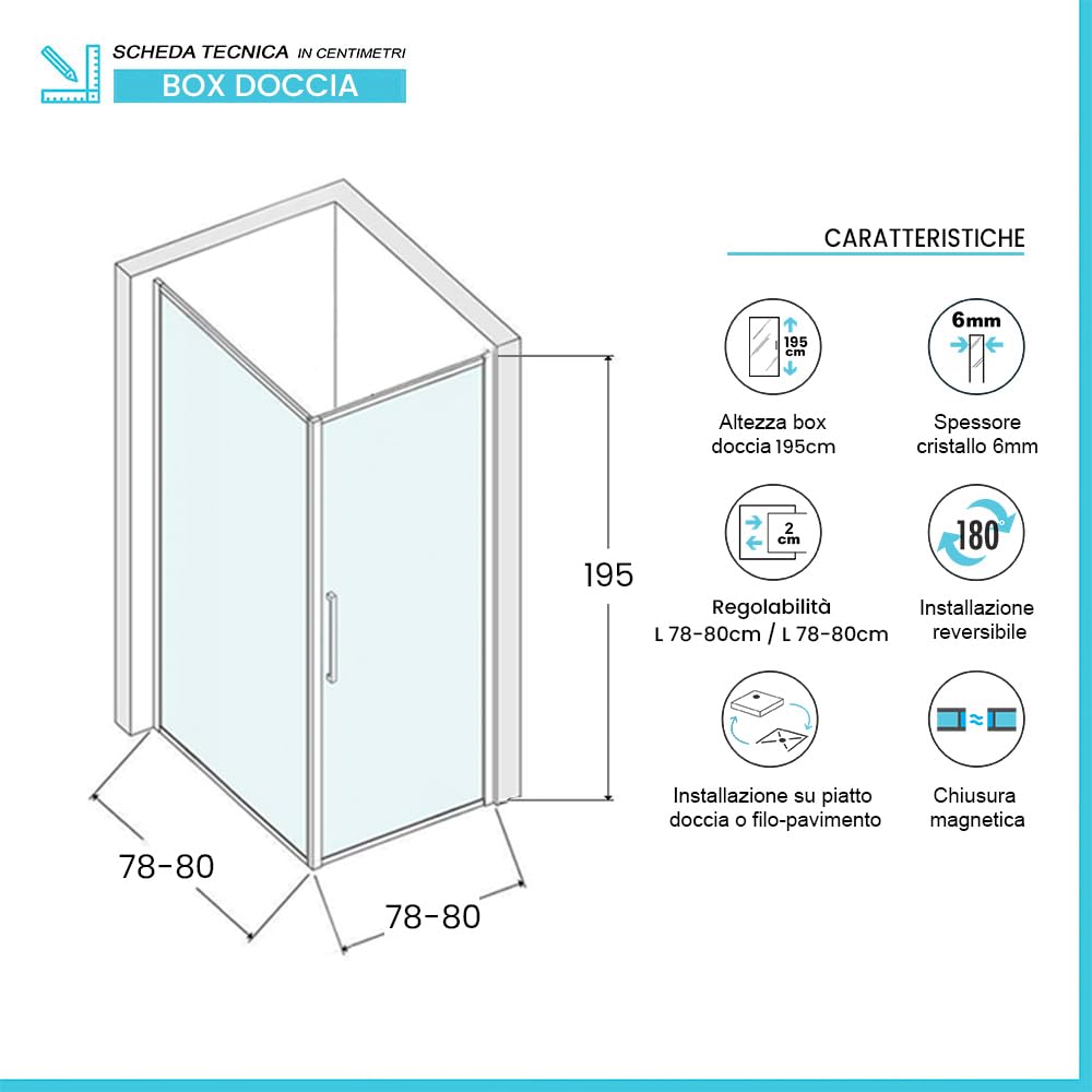 Box Doccia Angolare 80x80 Cm (H 195) Linea Neos - Porta Battente Con Lato Fisso - Cristallo Trasparente 6 Mm - Profili In Alluminio Nero