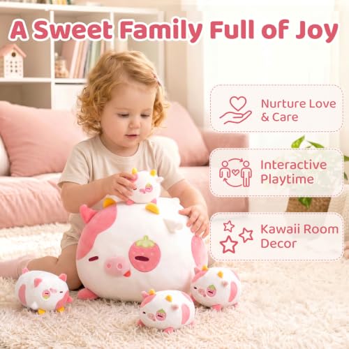 Image of Mewaii 4+1 Strawberry Cow Set Kawaii Plush, Ultra-Soft Feel, 16 in