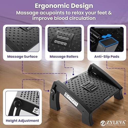 Image of Adjustable Foot Rest Under Table | Ergonomic Footrest for Office Desk with 6 Height Levels, Massage Surface with Roller | Non-Slip Base Leg Rest | Foot Rest for Office Chair, Home, and Sofa | Foot Rest stool
